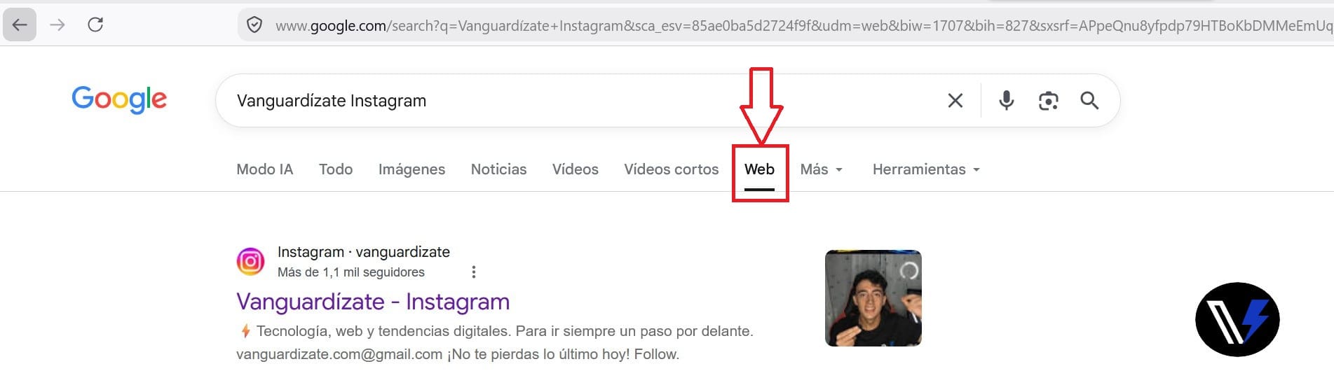 Filtro de Pestaña Web en el Buscador de Google Captura de pantalla de los resultados de búsqueda de Google mostrando el botón Web seleccionado para ocultar la Inteligencia Artificial.