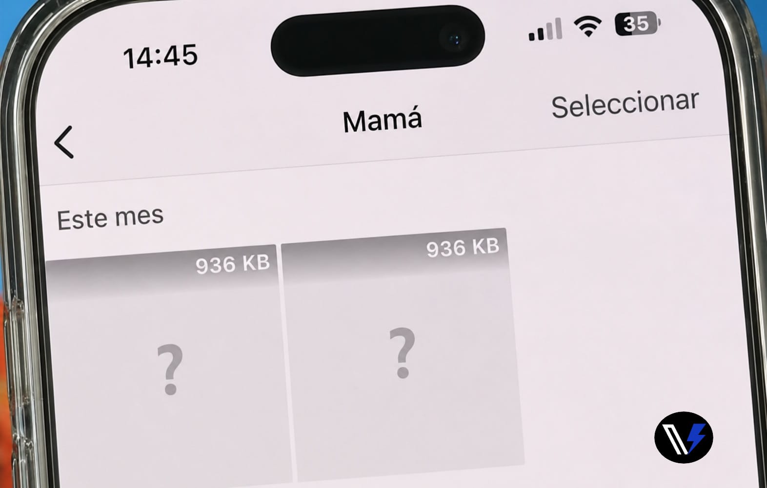 Icono de interrogación en caché de WhatsApp Captura de pantalla de un iPhone mostrando la sección de administración de almacenamiento de WhatsApp con archivos de caché representados por un signo de interrogación