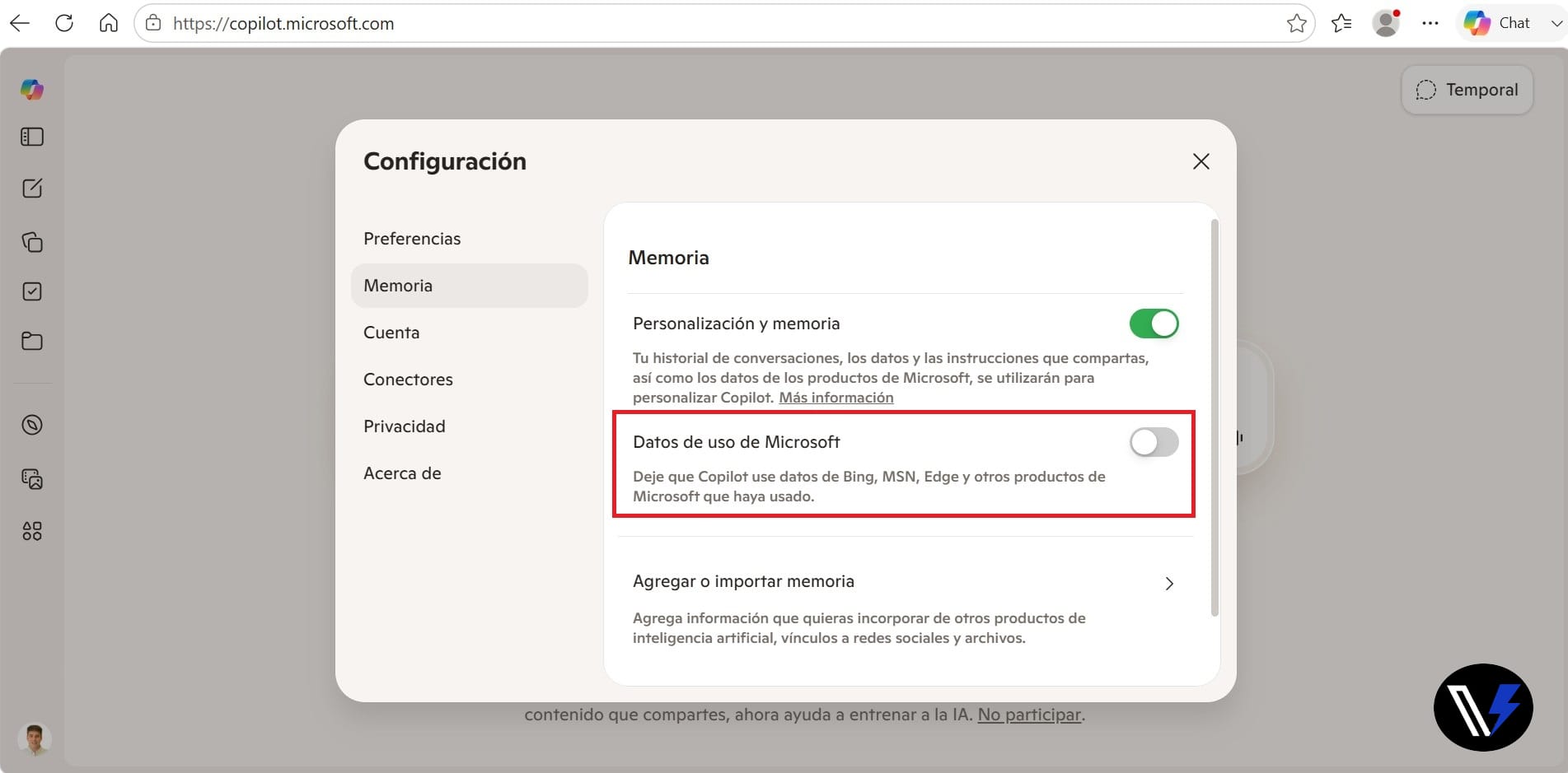 Opción para desactivar los Datos de uso de Microsoft en Copilot Ilustración de la opción para desactivar los Datos de uso de Microsoft en Copilot