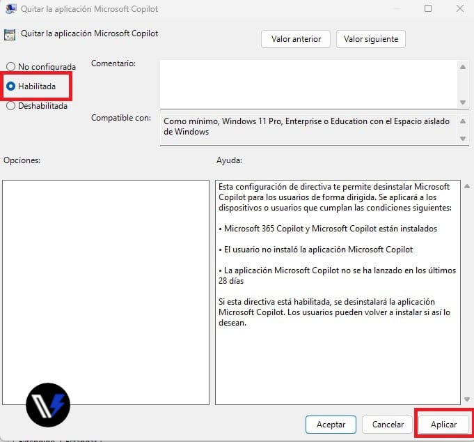 Opción para Habilitar quitar la aplicación Microsoft Copilot en Windows 11 Pro Ilustración de la opción para Habilitar quitar la aplicación Microsoft Copilot en Windows 11 Pro.