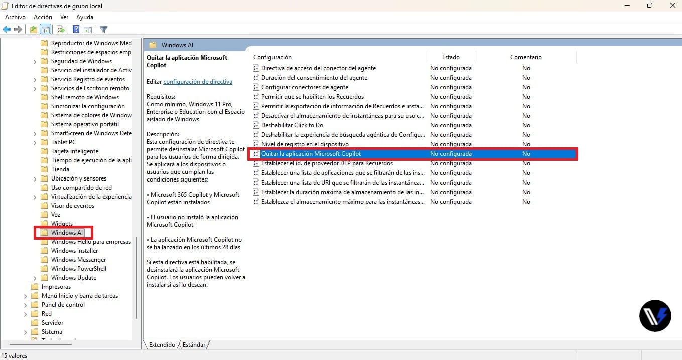 Opción para Quitar la aplicación Microsoft Copilot en Windows 11 Pro Ilustración de la opción para Quitar la aplicación Microsoft Copilot en Windows 11 Pro.