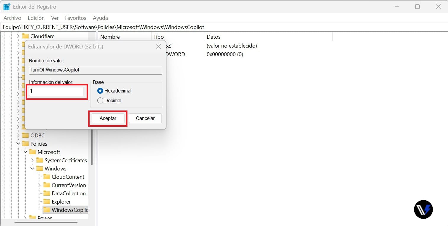 Opción para quitar Microsoft Copilot desde el registro de Windows en Windows 11 Home Ilustración de opción para quitar Microsoft Copilot desde el registro de Windows en Windows 11 Home.
