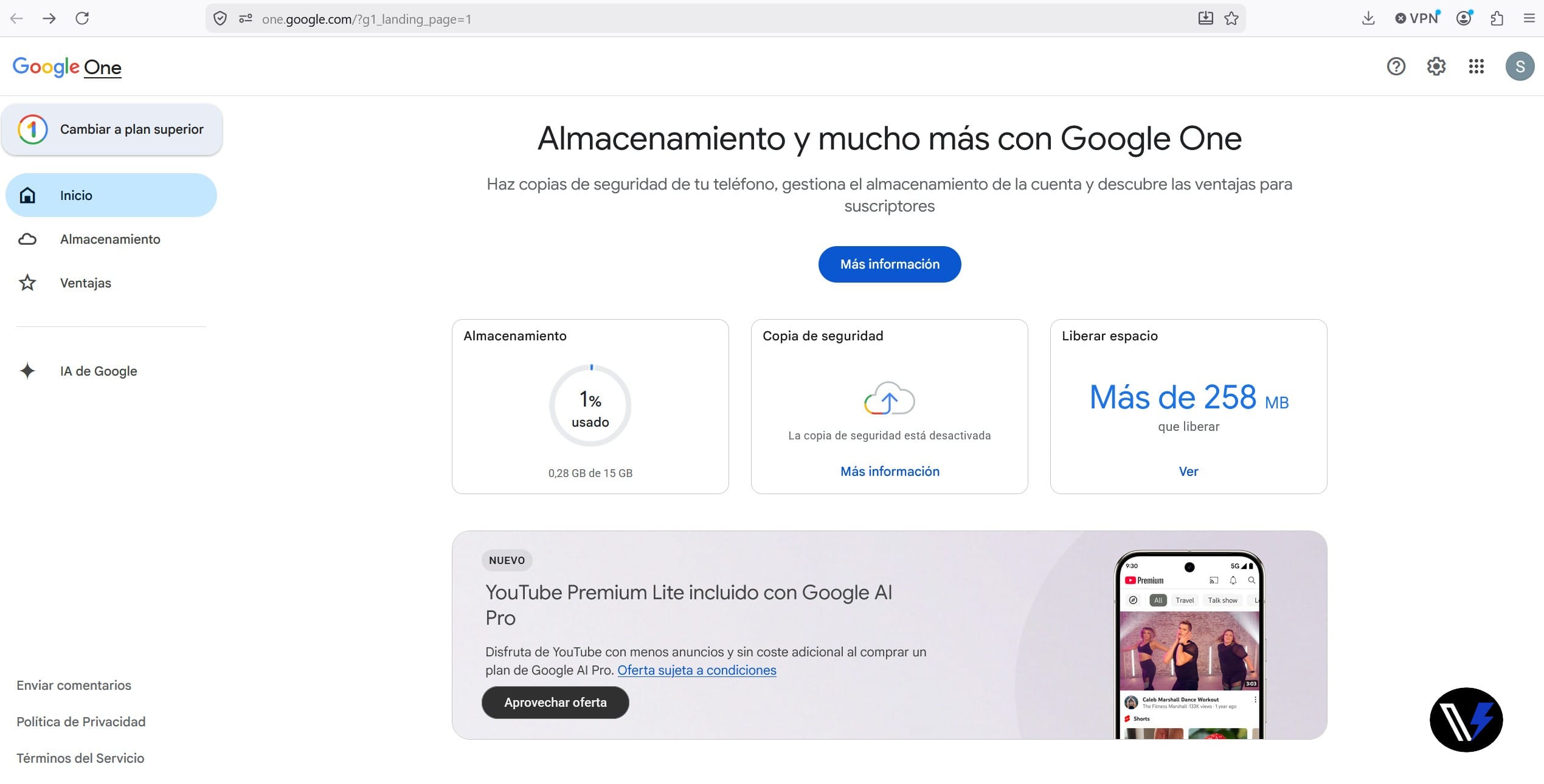 Aspecto Interfaz Google One en 2026