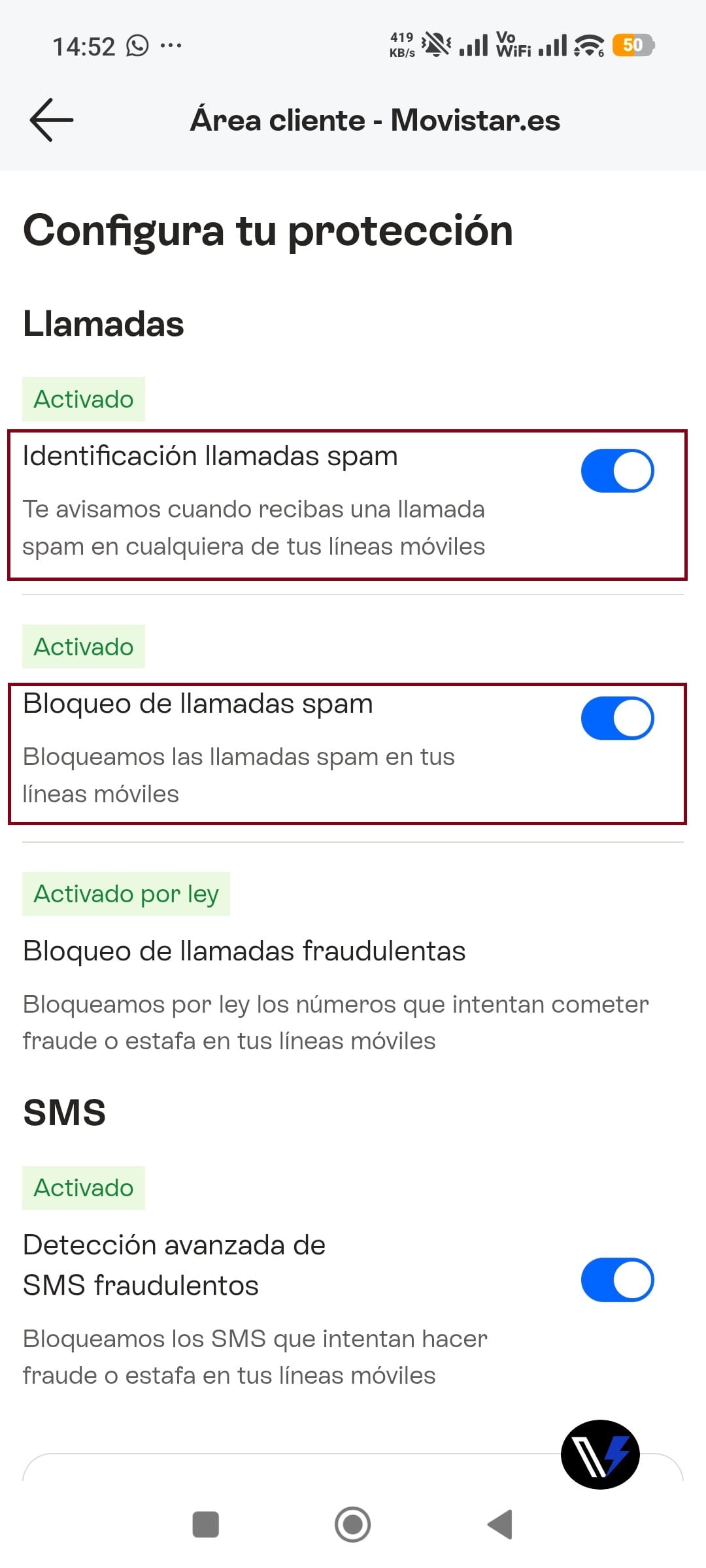 Captura de la aplicación Mi Movistar con las opciones para bloquear y gestionar llamadas spam.