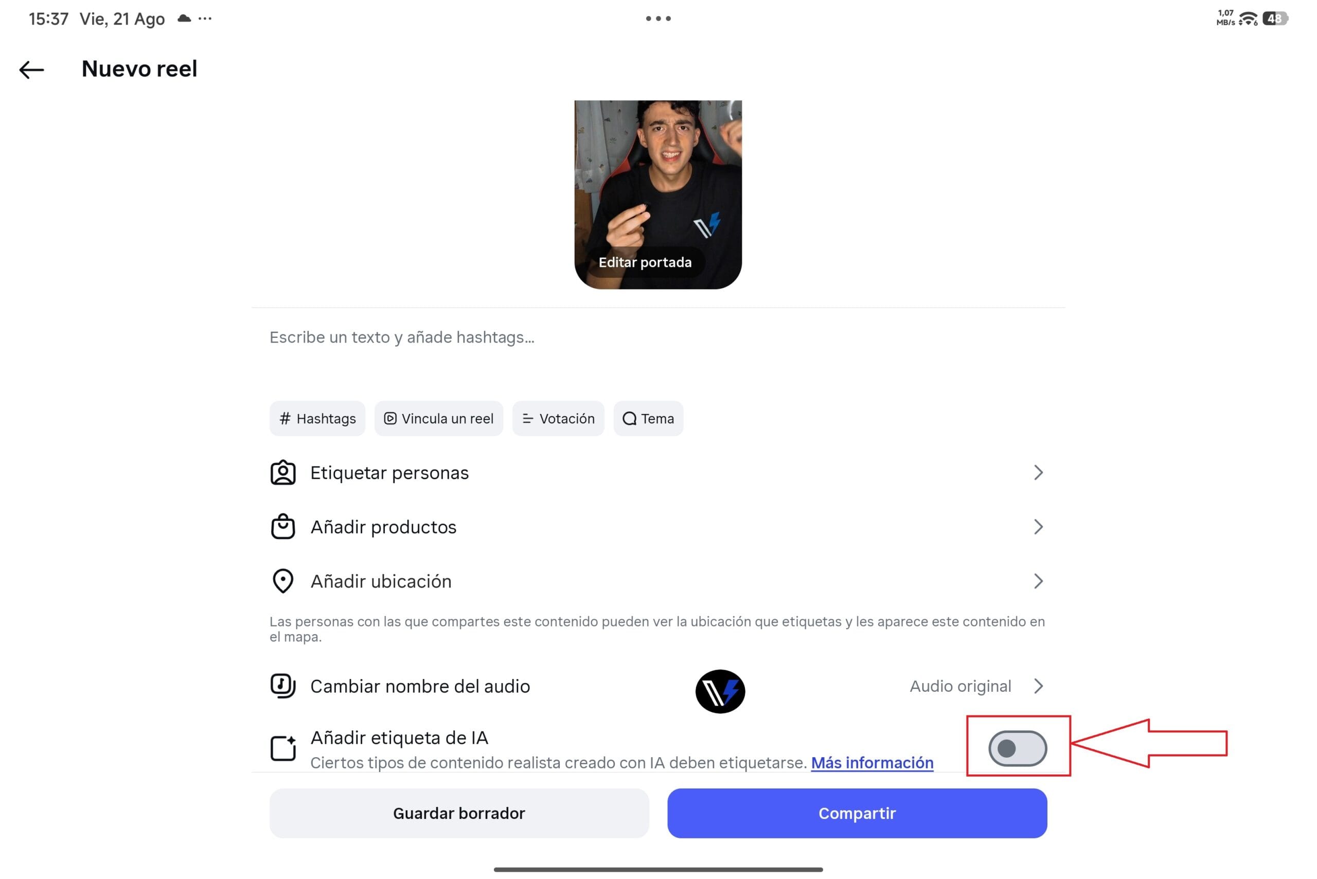 Captura de pantalla de la interfaz de Instagram donde se muestra activada la opción de añadir etiqueta de IA antes de publicar.