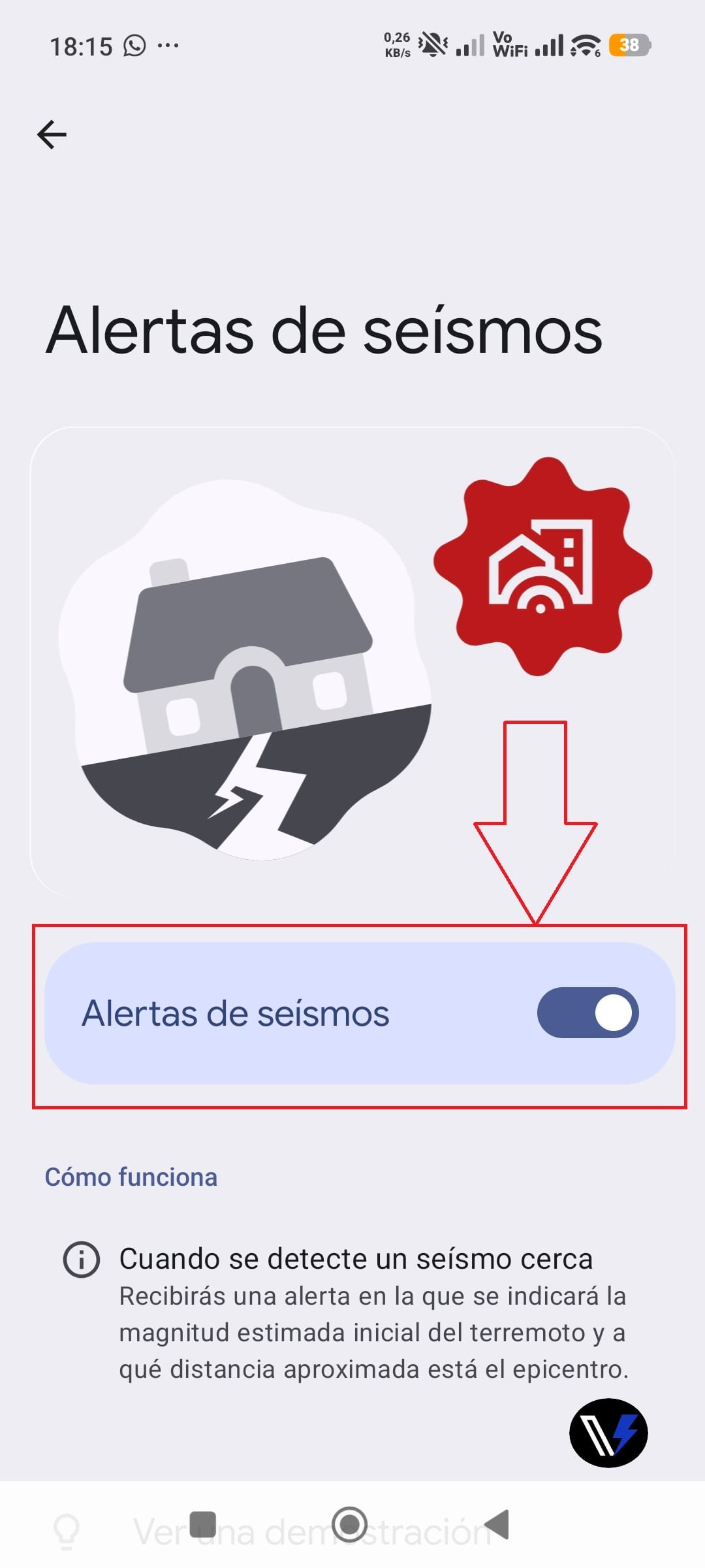 Alerta de seísmos en Android activada Captura de pantalla del ajuste Alerta de seísmos activado en un teléfono Android
