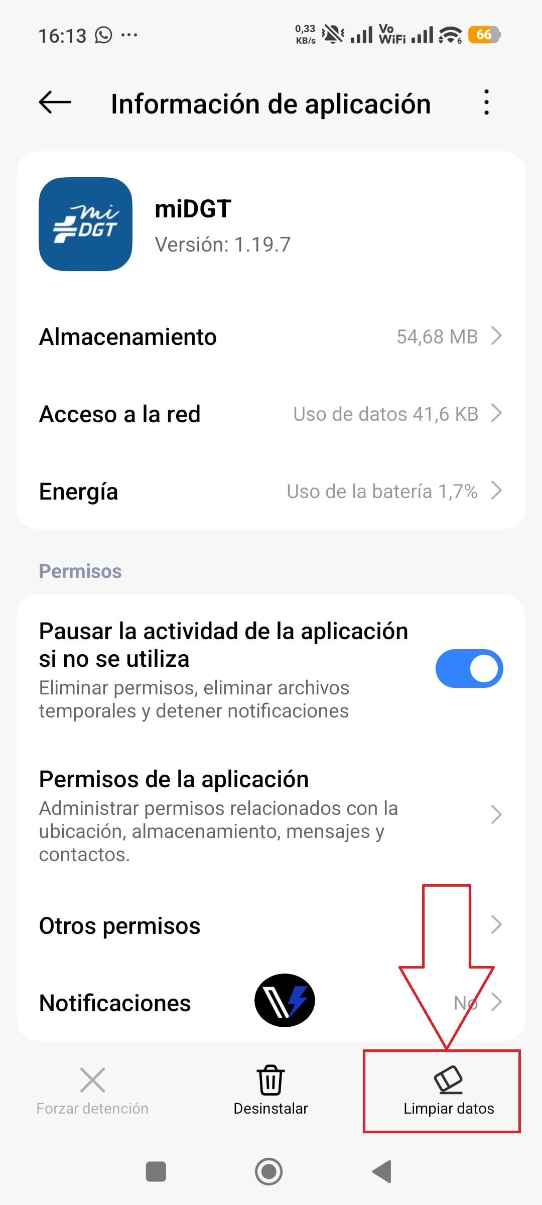Opciones Borrar caché y Borrar almacenamiento de miDGT.
