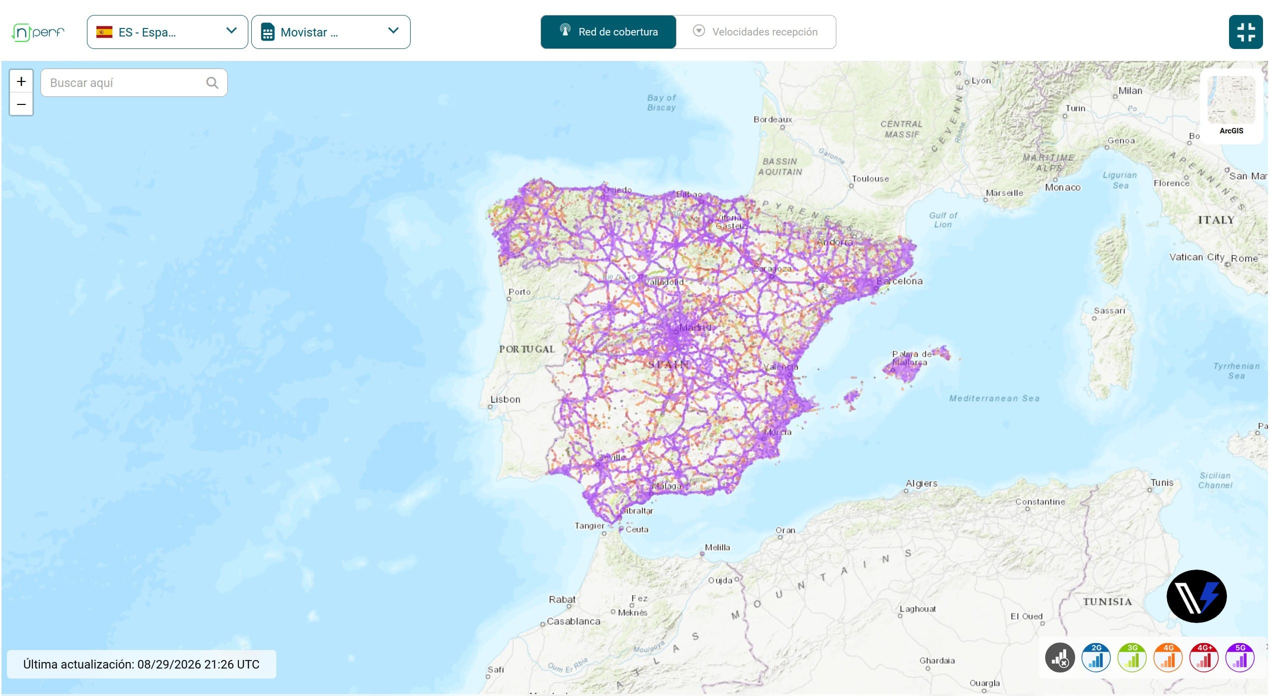 Mapa de cobertura de Movistar en nPerf Mapa de cobertura móvil de nPerf en España con Movistar seleccionado