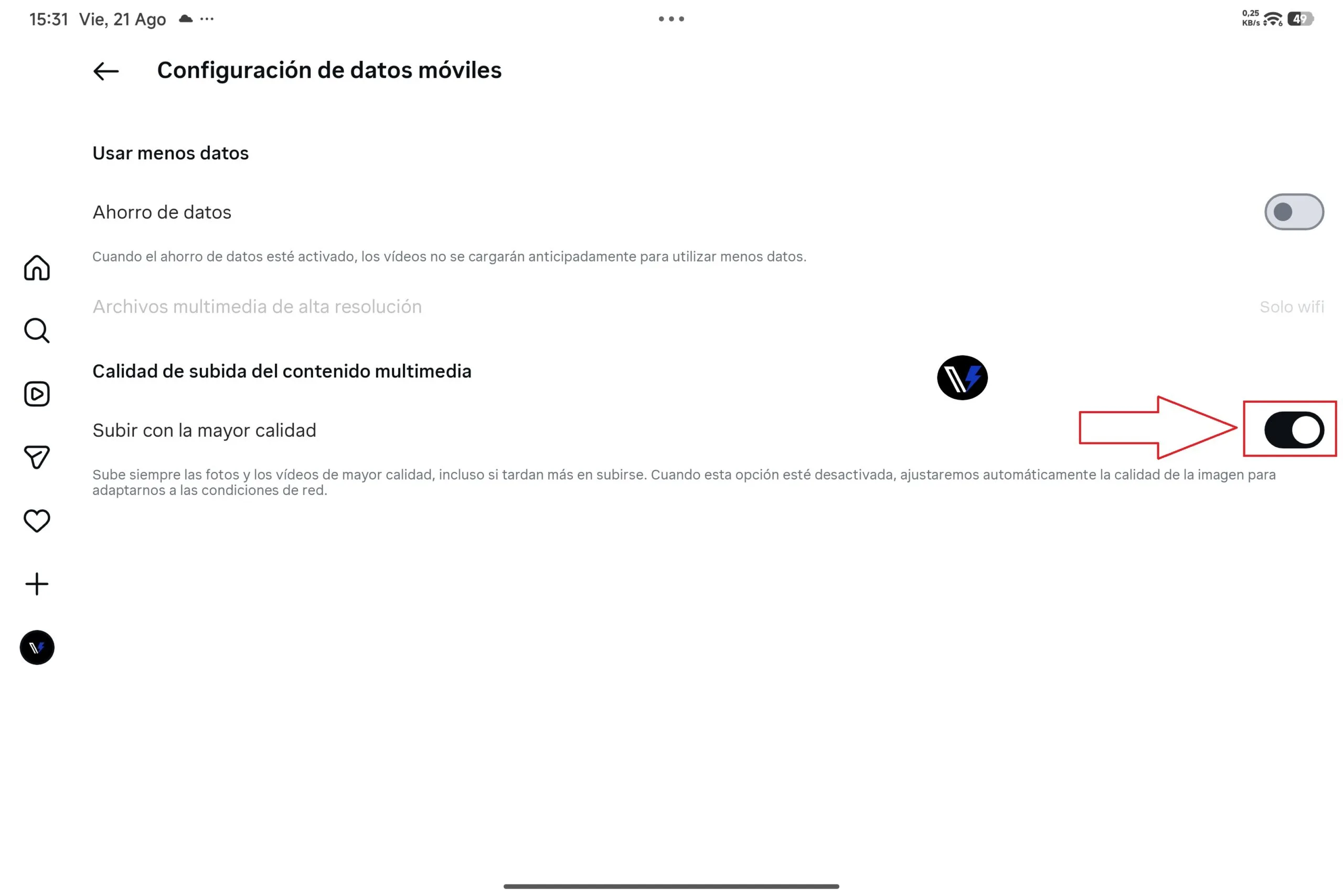 Configuración de Calidad de Archivos en Instagram Menú de uso de datos de Instagram con el interruptor de subir con la mayor calidad activado para evitar la pérdida de resolución.
