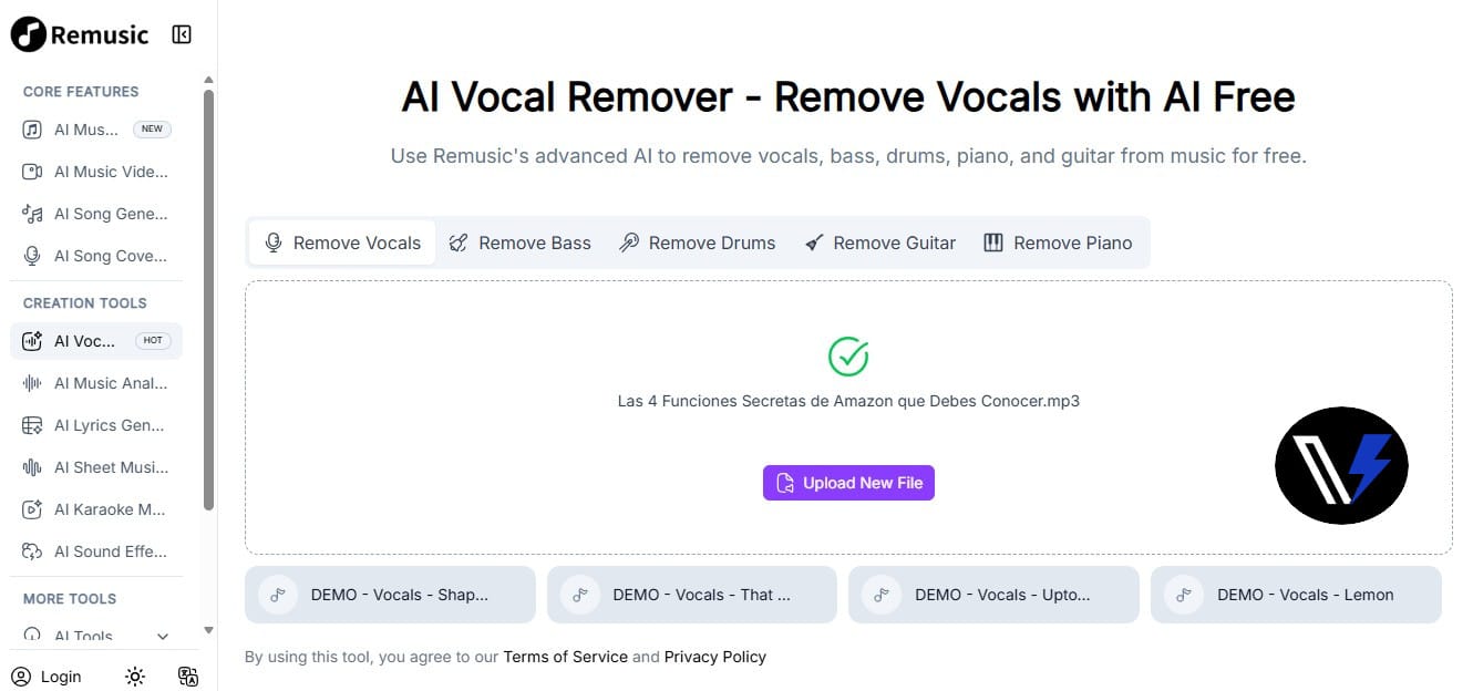 Prueba del separador de voces con IA de Remusic Herramienta de Remusic para separar voces e instrumentos de una canción con inteligencia artificial